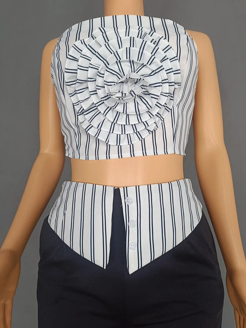 CM.YAYA Fashion Women's Set Striped Strap Floral Applique Crop Top and Wide Leg Pants Suit 2025 Two 2Piece Sets Outfit Tracksuit