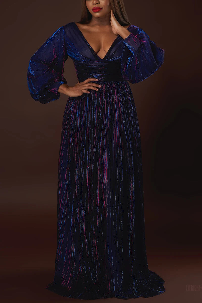 Plus Size Formal Multicolor Pleated V Neck Long Sleeves Maxi Dress