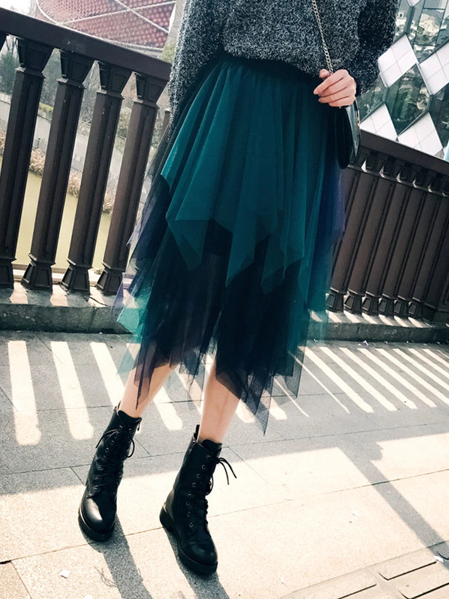 Women Tutu Tulle Skirt Elegant High Waist Mesh Tiered Layered Half Skirt Female Prom Party Midi Skirt for Summer Fairycore Y2K