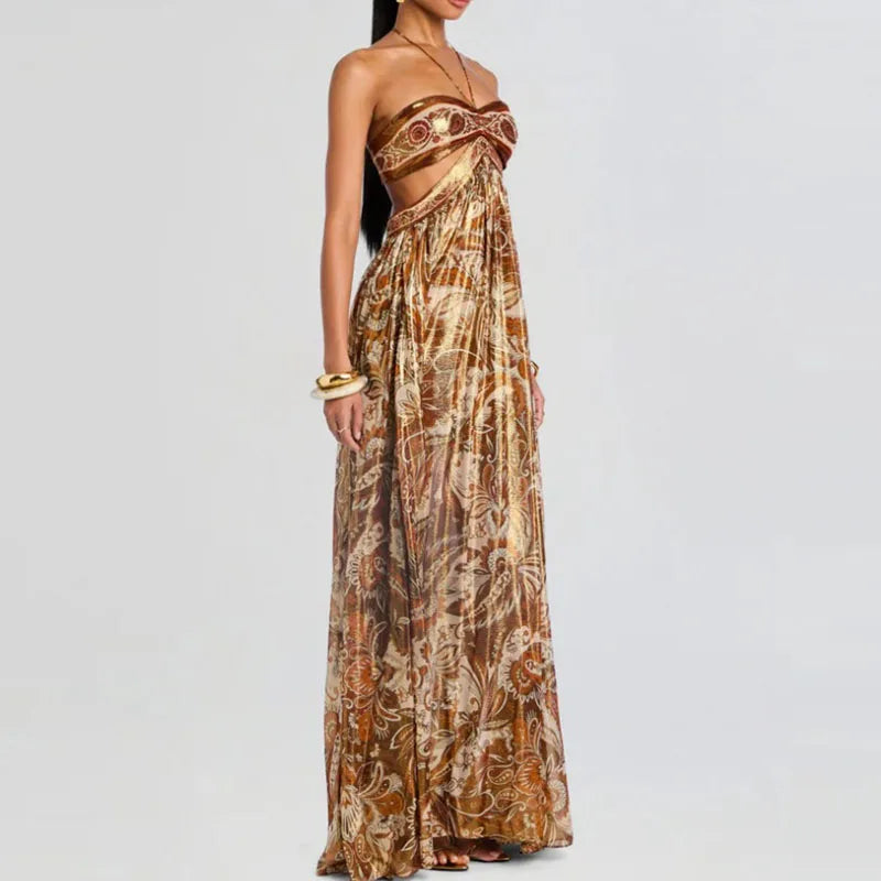 Holiday Sling Print Halter Party Dress Lady Summer Sleeveless Backless Beach Dresses Sexy Hollow High Waist Strapless Robe Dress