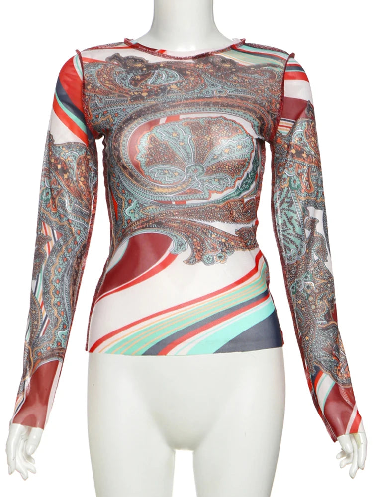 Weird Puss Colorful Print Women Crop Tops See Through 2025 Spring Full Sleeve Stretch Wild Basic Streetwear Hipster Skinny Tops
