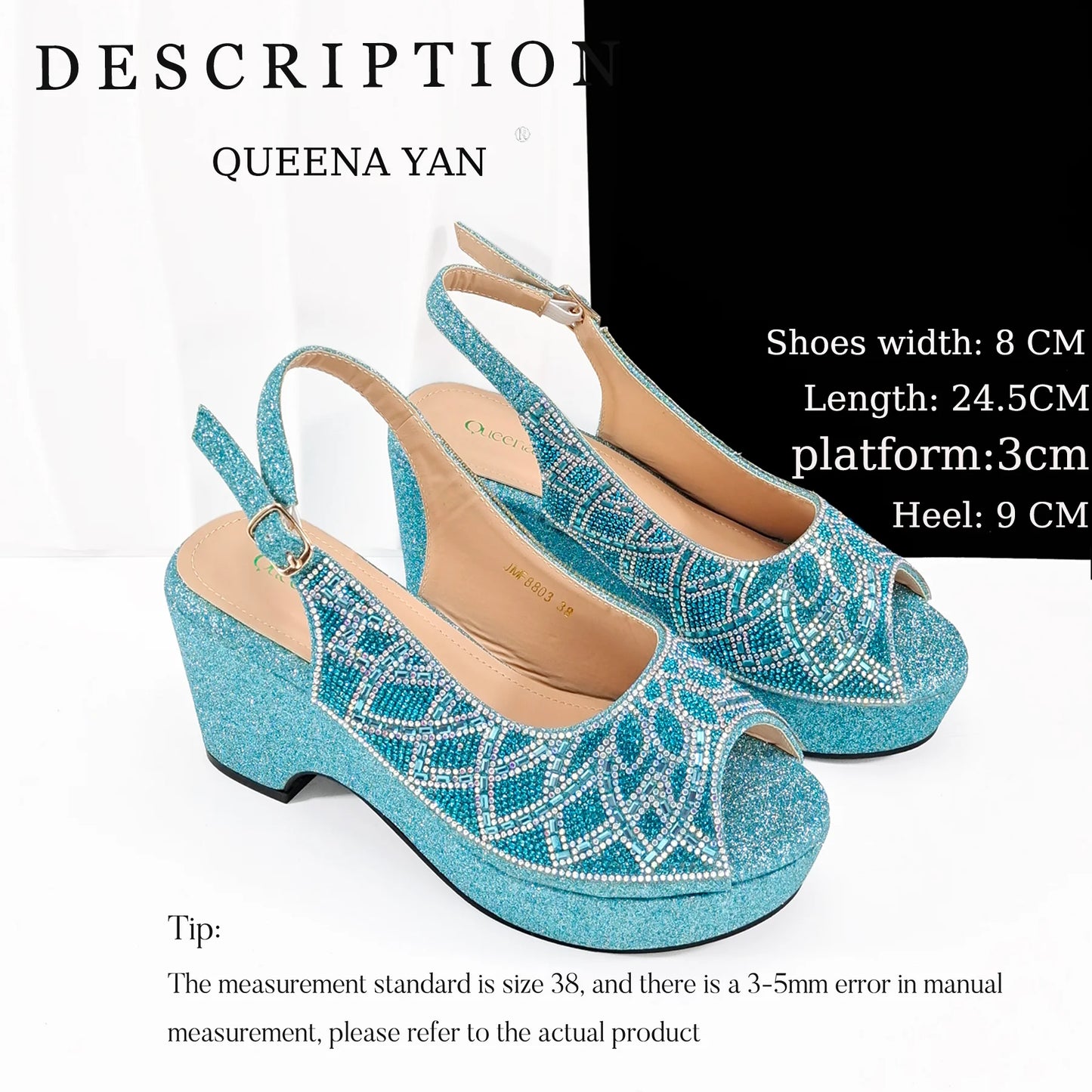 Queena Yan 2025 Italian design full rhinestone detailing comfort platform heels and matching bag Women's Fashion Peep Toe Shoes