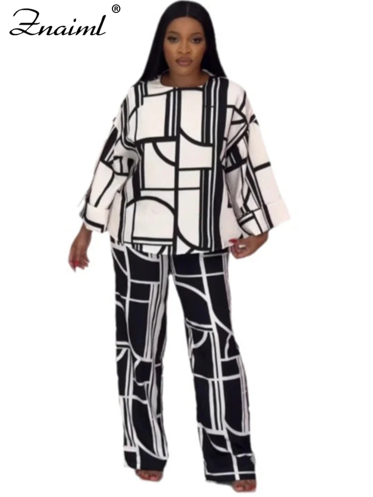 Znaiml Fashion Printing Wide Leg Pants Sets for Women O Neck Long Sleeve Loose Top and Trousers Two Pieces Streetwear Outfits
