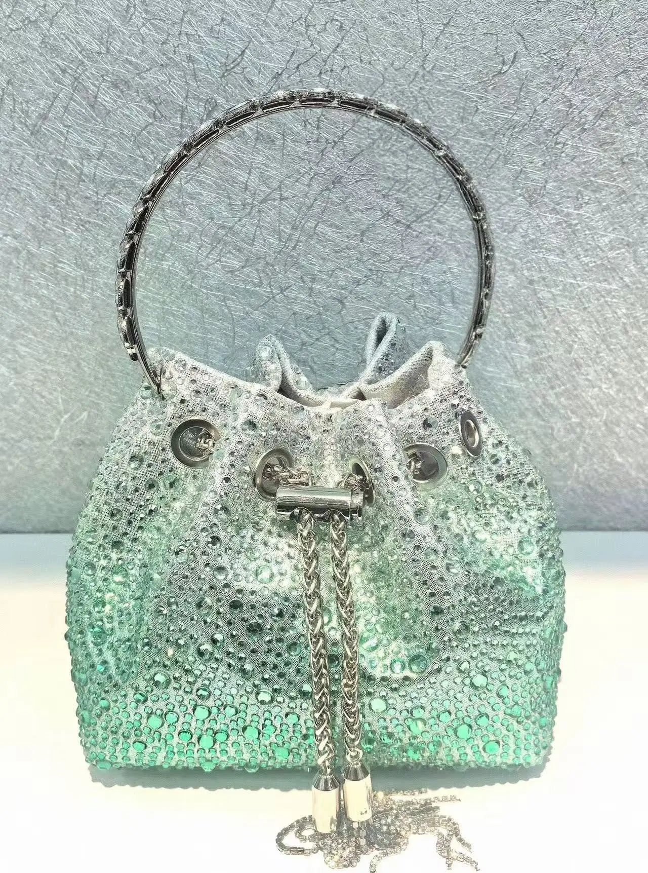 Crystal Shiny Diamonds Bucket Bag Fashion Women Handbag Metal Ring Handle Evening Bag Wedding Party Clutch Purse Crossbody Bag