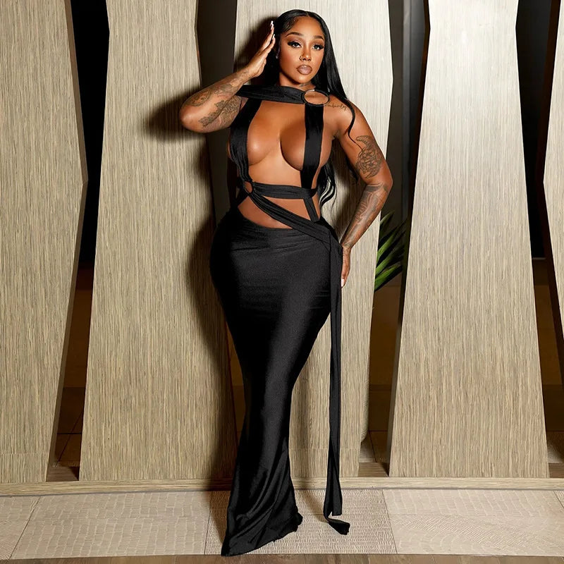 GLCMYAYA Women Sleeveless Roll Splicing Cutout Bodycon Midi Maxi Long Dress 2025 Summer Vacation Holiday Sexy Club Party Dresses