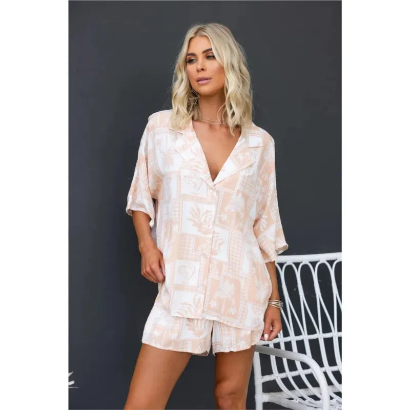 Summer Women Retro Print Short Sleeve 2PCS Loose Suits Casual V-Neck Shirt Top Elastic Waist Short Pants Sets Beachwear