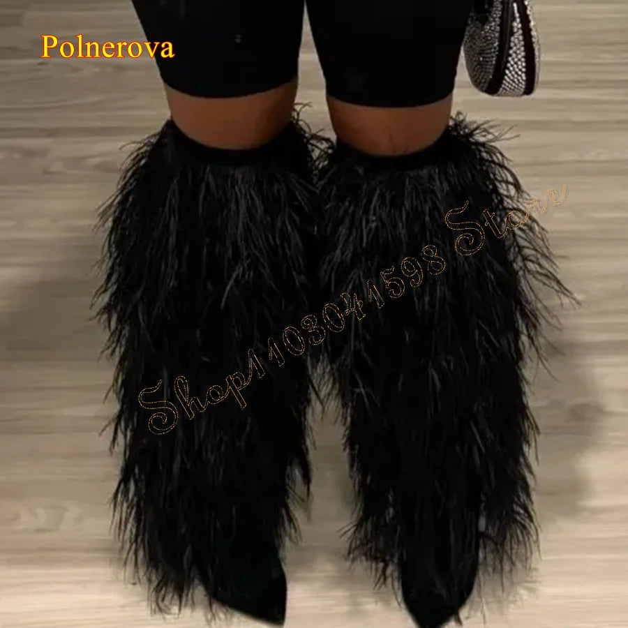 Sexy Over The Knee Black Feather Pointy Boots Chunky High Heel Shoes For Women Pointed Toe Women Boots Casual Fashionable Boots