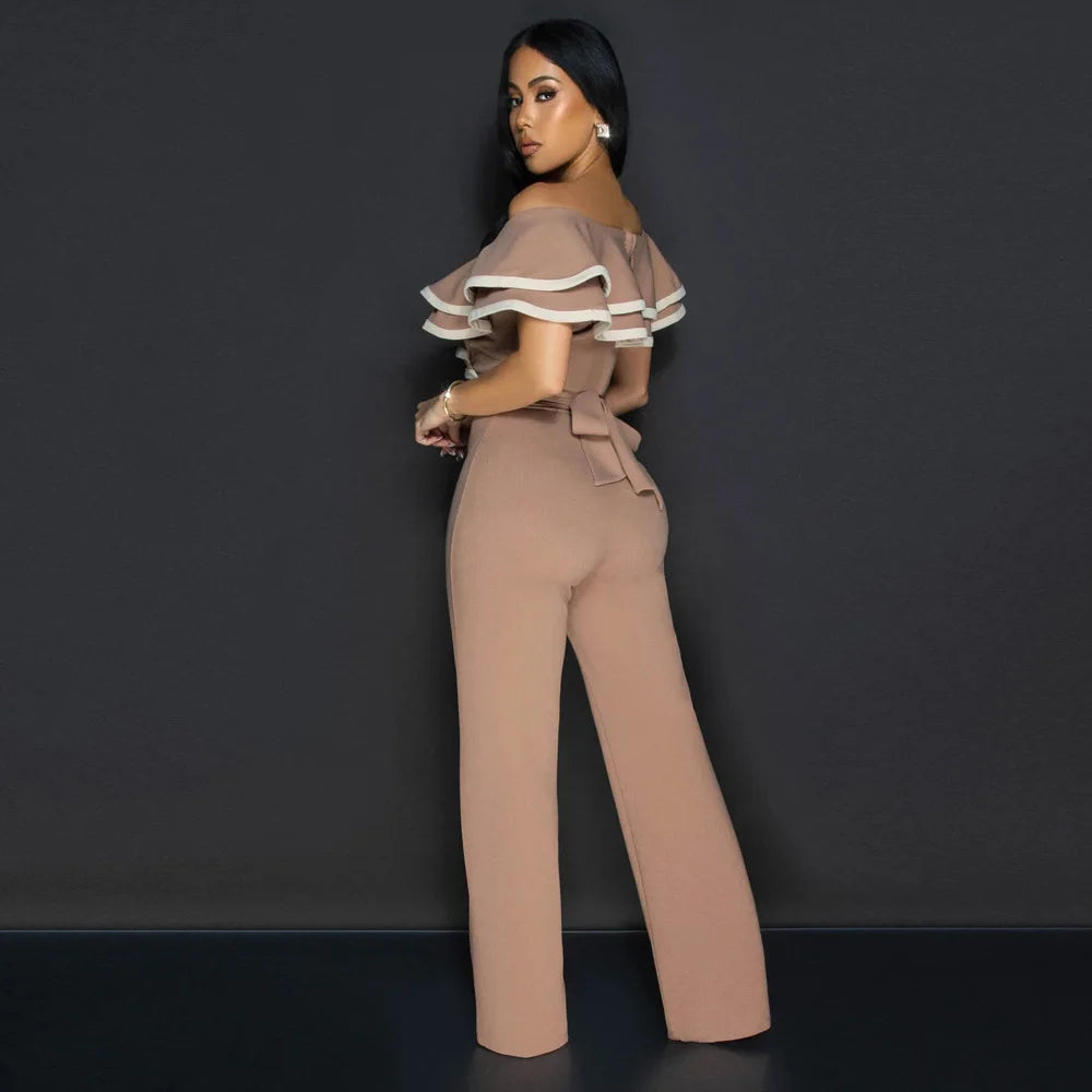 CM.YAYA Women V-neck Off Shoulder Ruffles Wide Leg Jumpsuits 2024 Summer Fashion Sexy Party Playsuit One Piece Suit Rompers