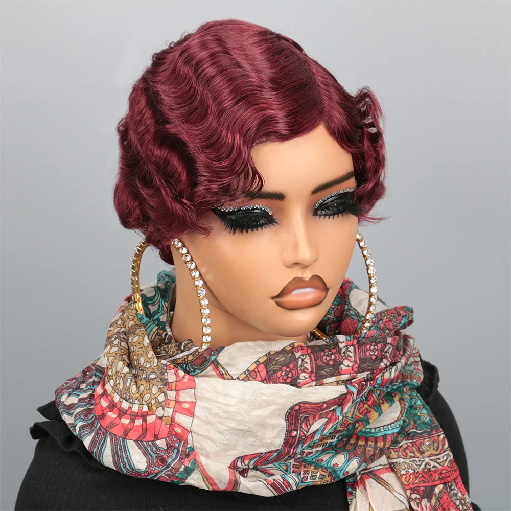 180% Density Glueless Brazilian Ocean Wave Human Hair Wig Burgundy 99J Colored Short Pixie Cut Loose Curly Finger Wave Style
