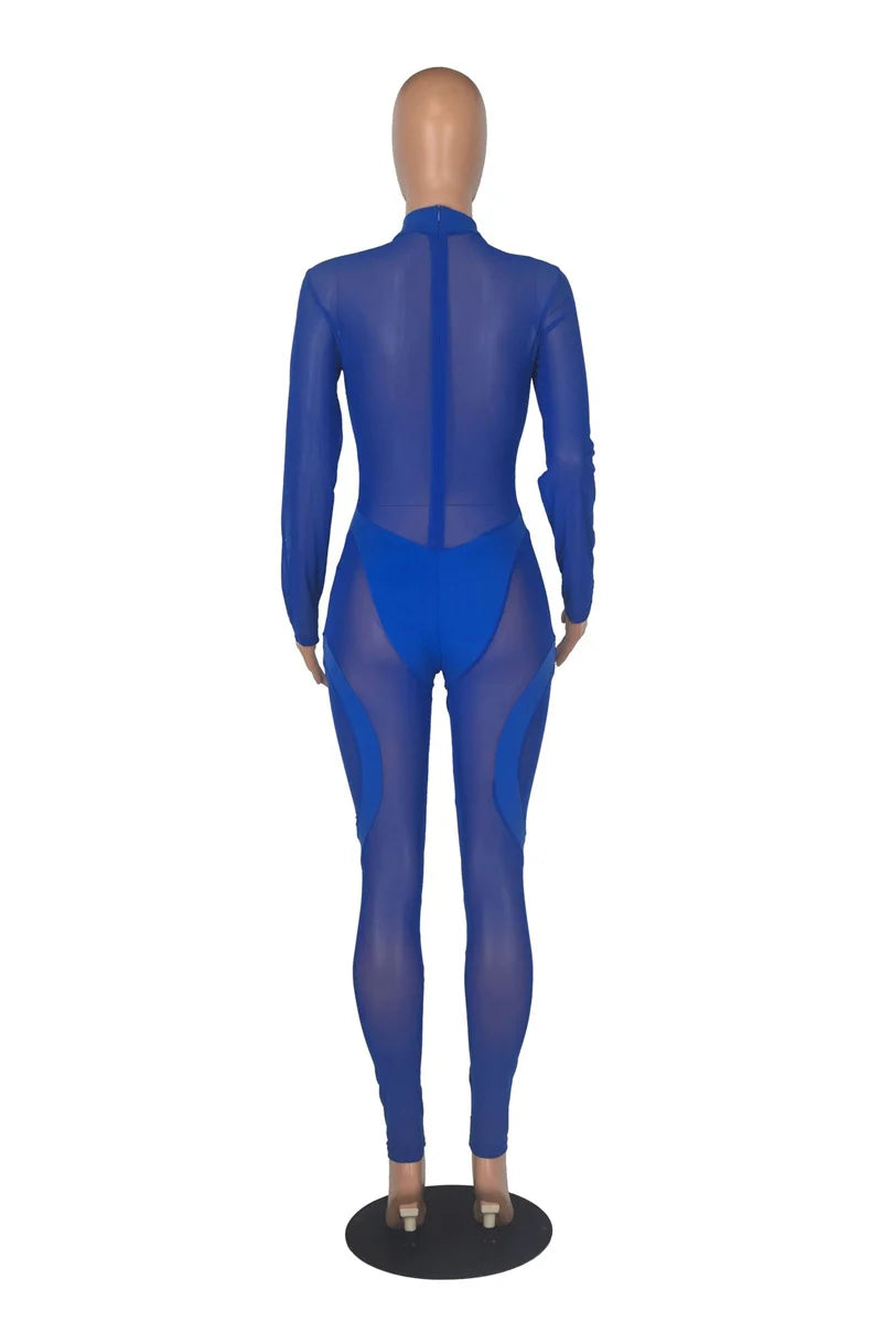 Sexy Sheer Mesh Jumpsuits Women Party Club Outfits Skinny Patchwork Long Sleeve See Through Rompers Womens Jumpsuit Midnight