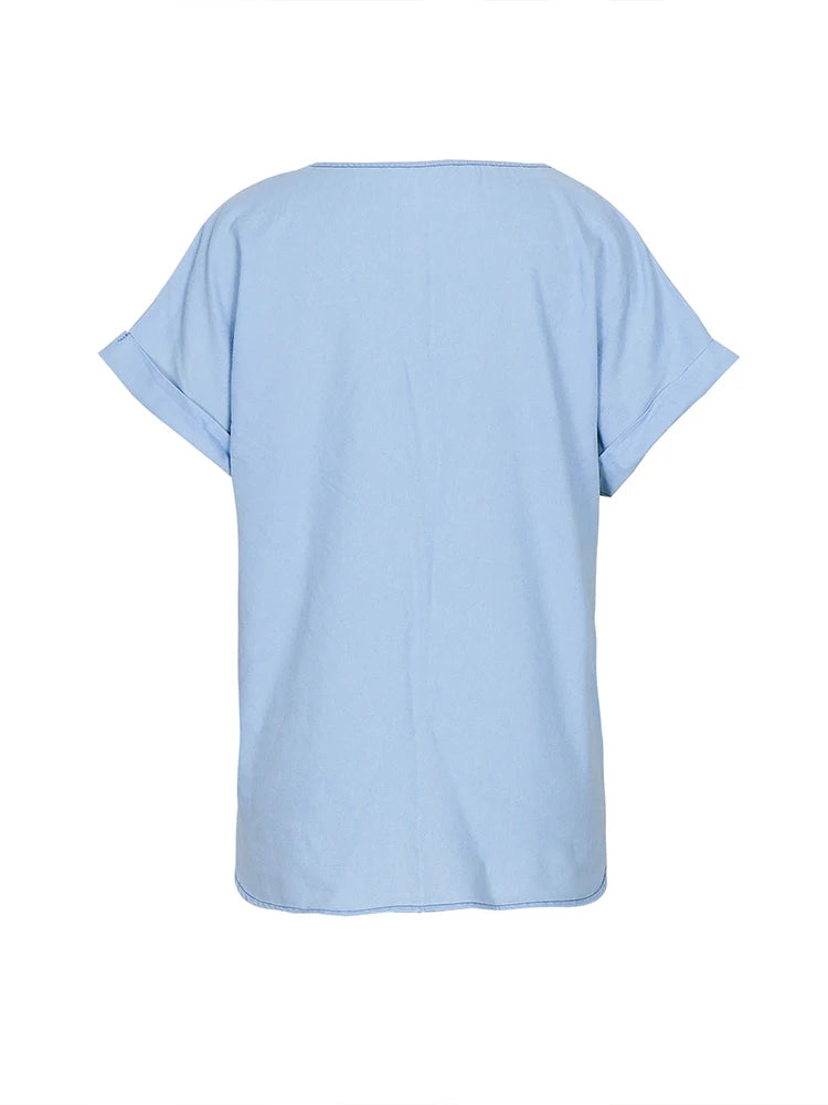 2024 Spring And Summer New Women's Shirt V Collar Denim Shirt Comfortable Casual Blue Pullover Shirt