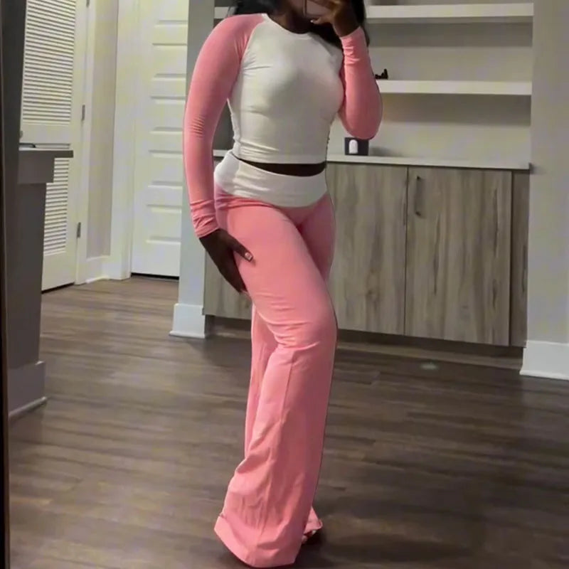 Sporty Casual Tracksuit Sets Womens Clothing 2 Pieces Set Active Wear Long Sleeve Top and Flare Pants Joggers Workout Sweatsuits