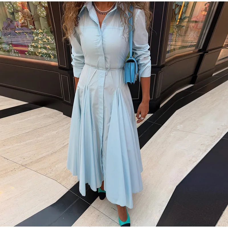 Solid Women's Casual Pleated Long Dress Fashion Lapel Full Sleeve Button Maxi Dress Lady 2025 Early Autumn Chic Street Robes