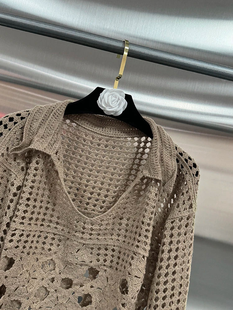 VGH Hollow Out Solid Sheer Short Shirts For Women Lapel Lantern Sleeve Minimalist Casual Loose Pullover Blouses Female Fashion