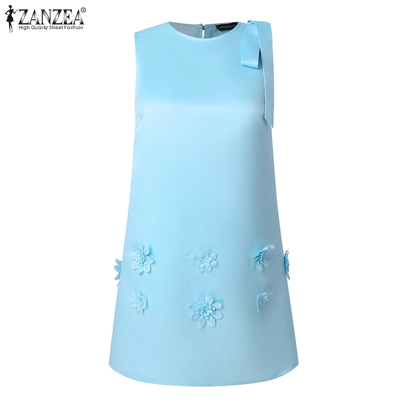 ZANZEA Women Elegant Sleeveless Mini Dress Korean Decor Flower Bow Tank Robe 2024 Autumn Round Neck Vestidos Holiday Party Dress