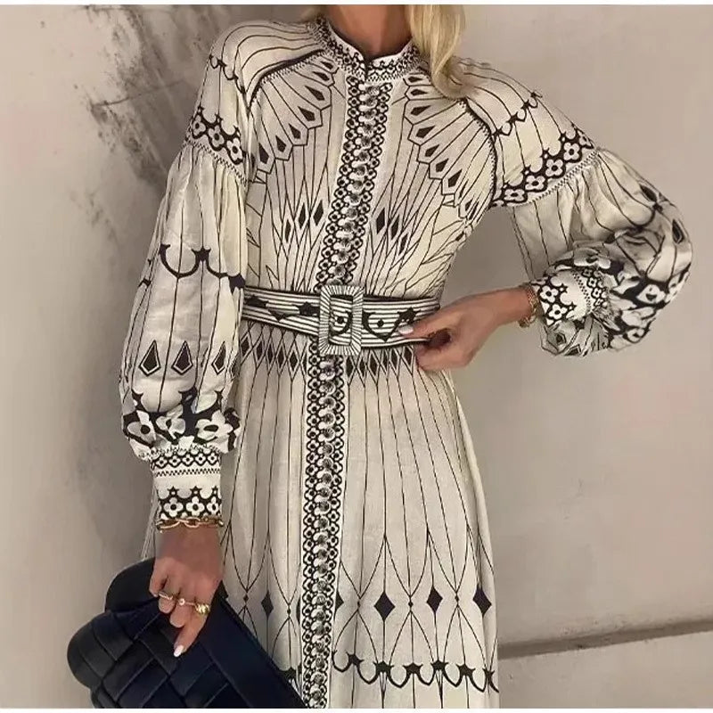 2025 Spring Women Vintage Long Dress Print Sashes Lantern Long sleeve Dresses Female Summer Elegant Fashion Office Lady Clothes