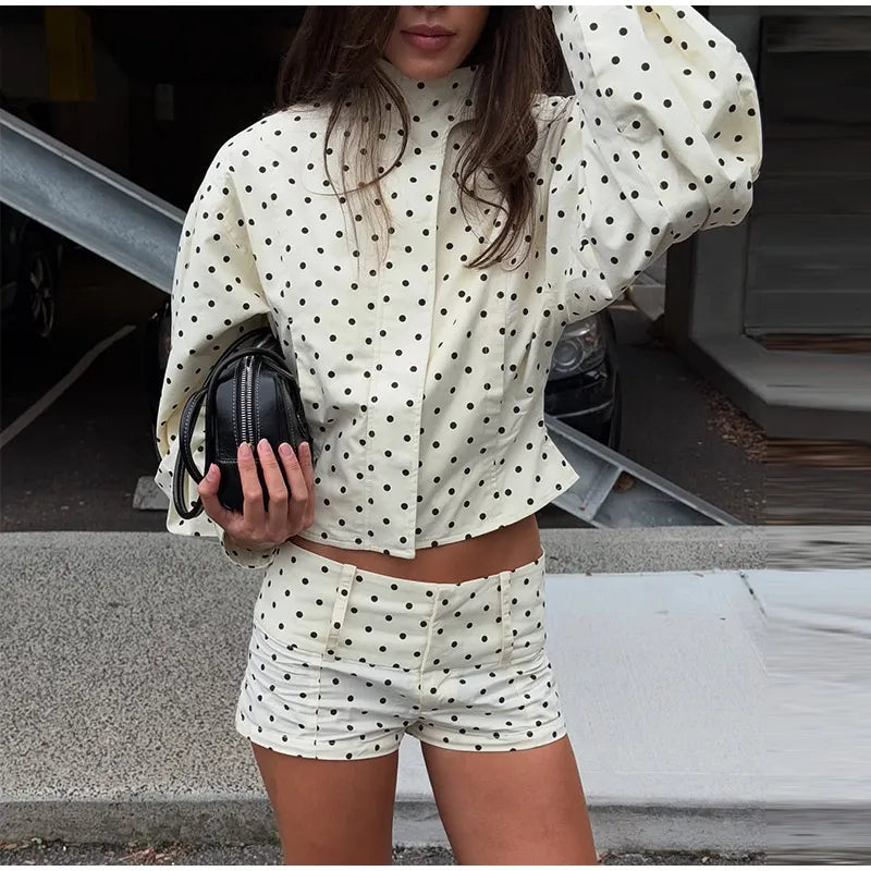 Loose Polka Dot Zipper Women's Shorts Set Stand Collar Patchwork Full Sleeve Pockets Jacket Tie Up Short Pant Suit Summer Outfit