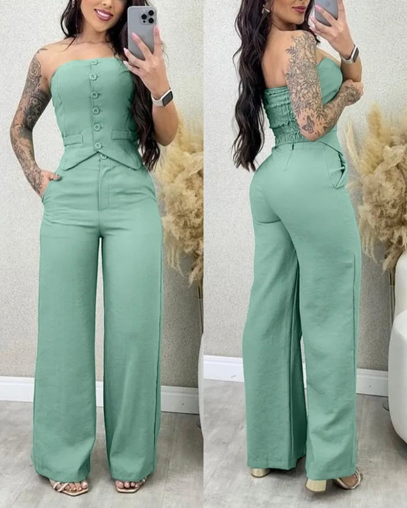 Women Fashion Sexy Summer 2 Pieces Outfit Bandeau Button Decor Vest Top & Casual Wide Leg Pants Set