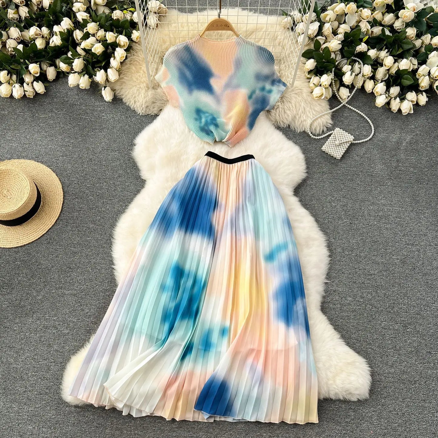 Summer Contrast Color Miyake 2 Pieces Set Women's Short Sleeve High Stretch Pullover Shirt Top+Long Pleated Chiffon Skirt Suit