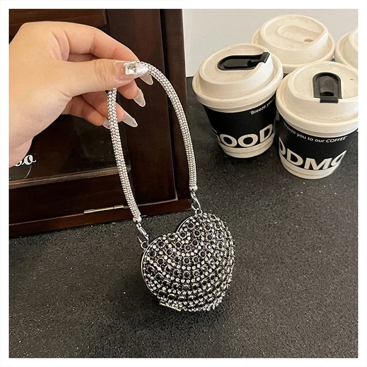 Luxury Mini Diamond Inlay Heart Shape Crystal Clutch Purse Stones Evening Wedding Party Shoulder Bag Handle Rhinestone Handbags