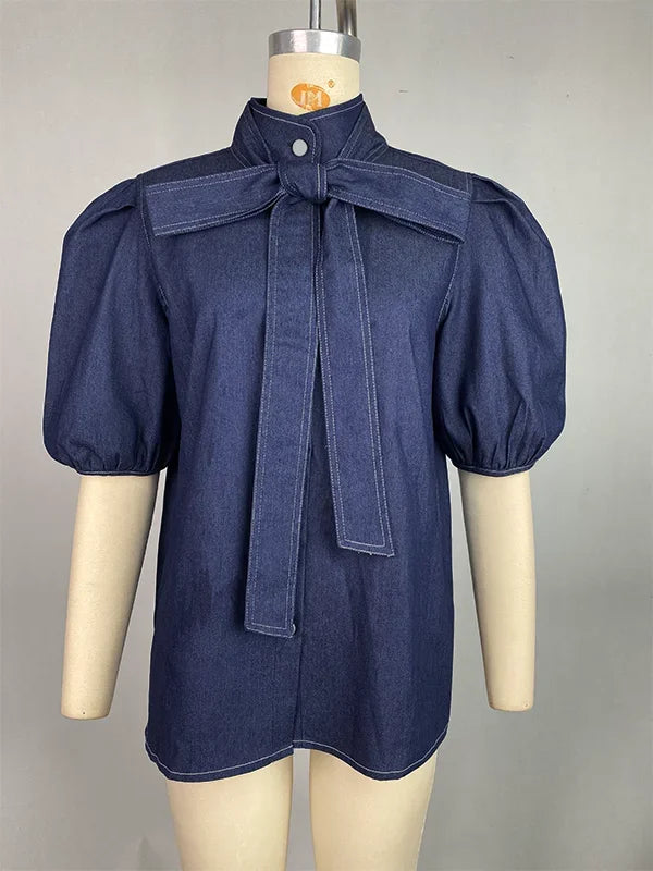 Beautyblue Women Fashion High Neck Imitation Denim Shirts Puff Sleeves Blouses Summer New Casual Solid Color Bow Tie Tops Female