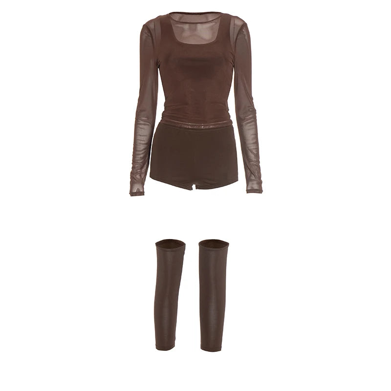 Weird Puss Sexy Casual 3 Piece Set Mesh Full Sleeve o-Neck Crop Tops+Shorts+Foot Cover Matching Autumn Trend Streetwear Outfits