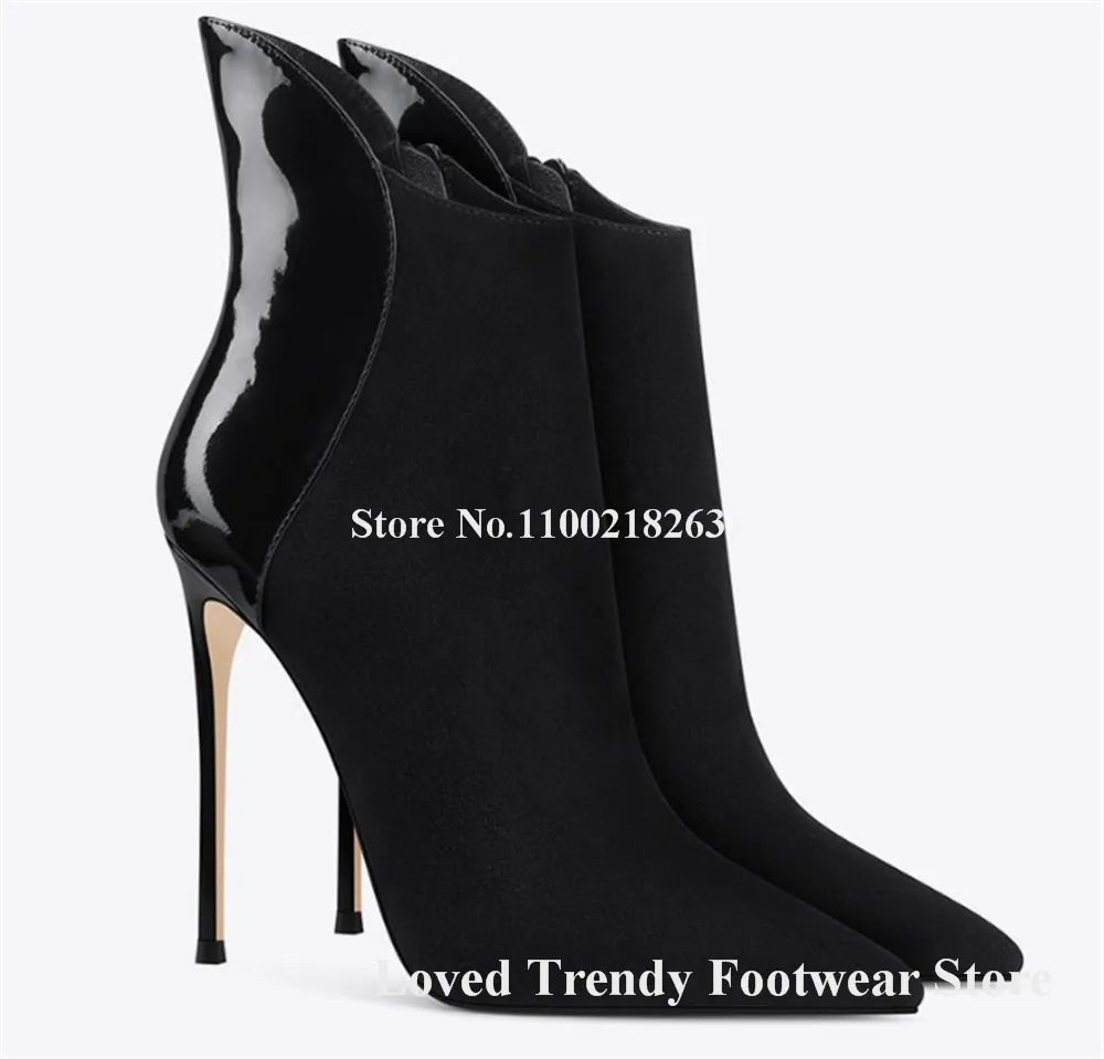 Suede Patchwork Patent Leather Stiletto Ankle Boots for Women