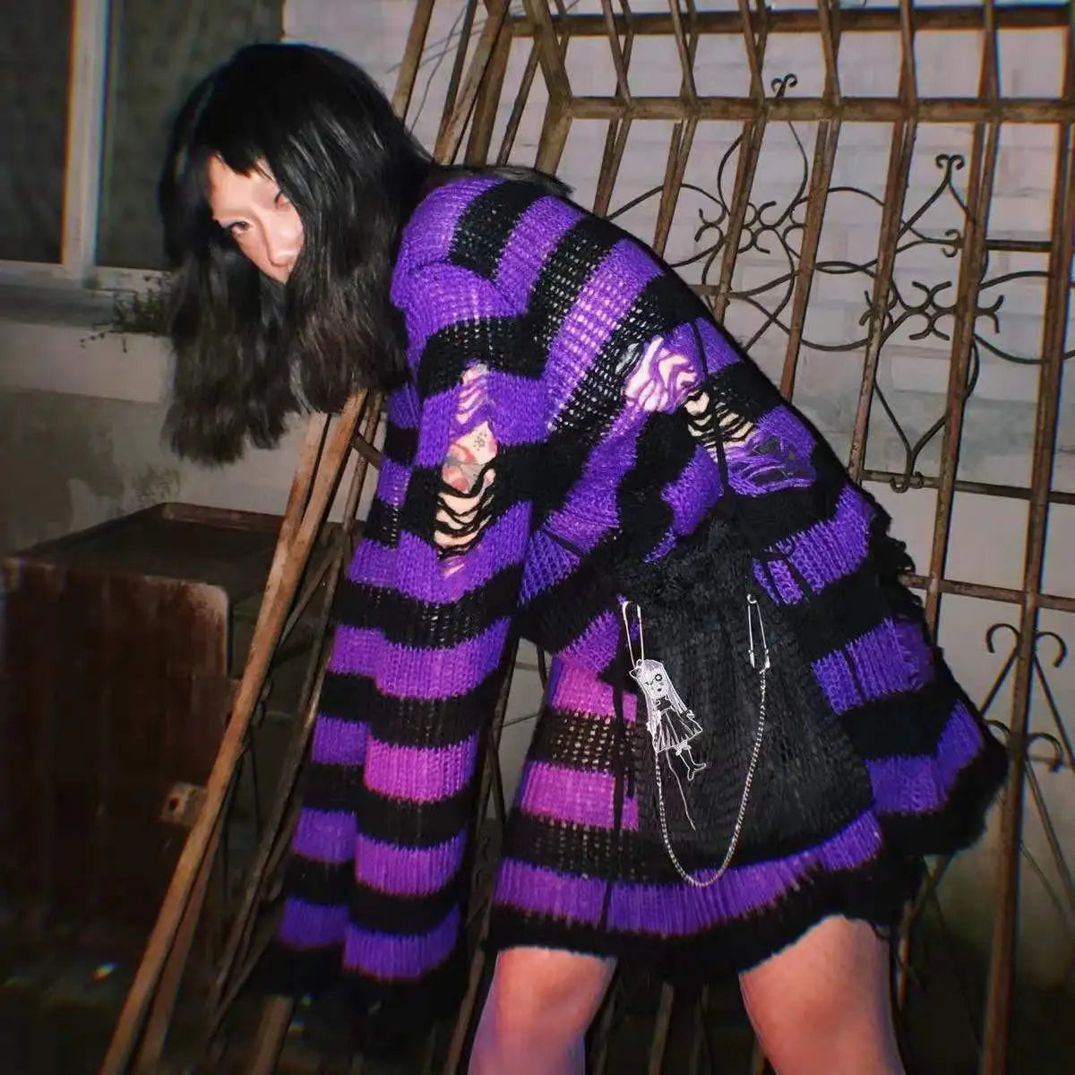 Karrram Punk Gothic Sweater Emo Tops E-girls Mall Goth Pullovers Y2k Harajuku Grunge Clothes Alt Dark Aesthetic Striped Jumpers
