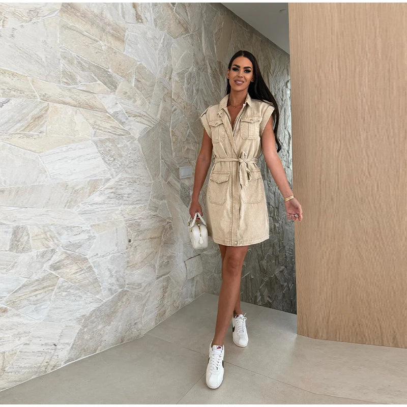 Vintage Women's Short-sleeve Denim Dress Button-front Lapel With Belt Casual Workwear Elegant Female Vestidos Summer 2025