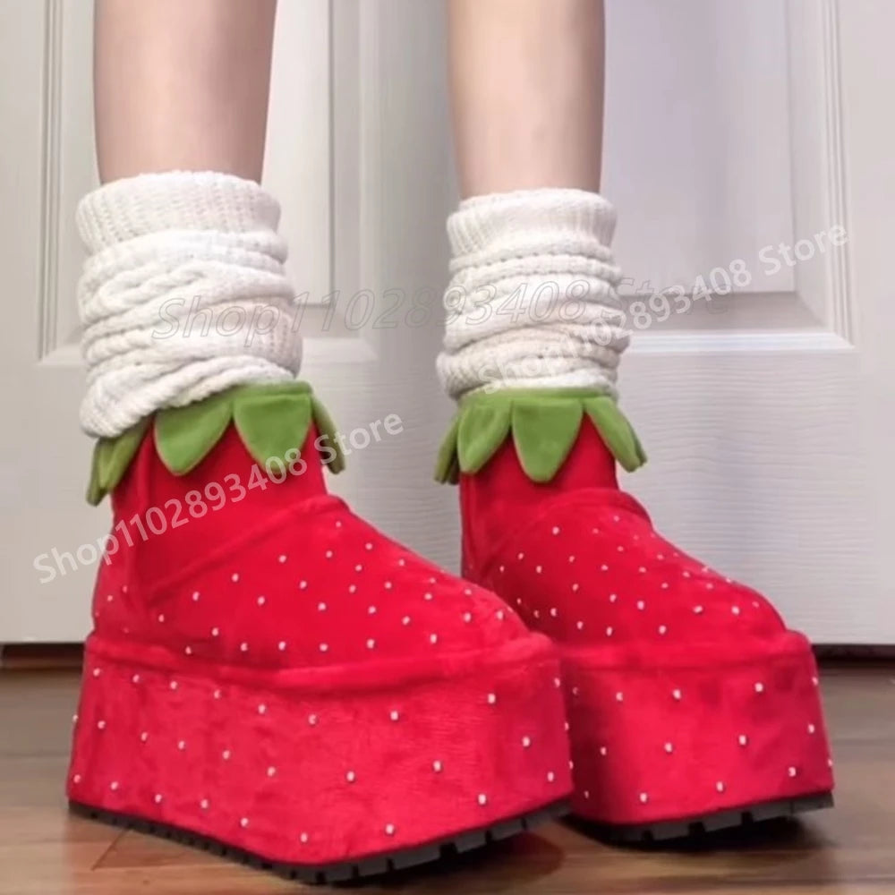 Red Strawberry Design Thick Soled Sweet Pumps Waterproof Cosplay Runway Style Fashion Big Size Women Shoes 2025 New Para Mujere
