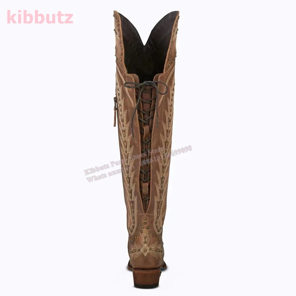 Rivet Cowboy Vintage Boots Over The Knee High Embroidery Lace-Up Luxury Leather Pointed Toe Chunky Heels Fashion Concise Shoes