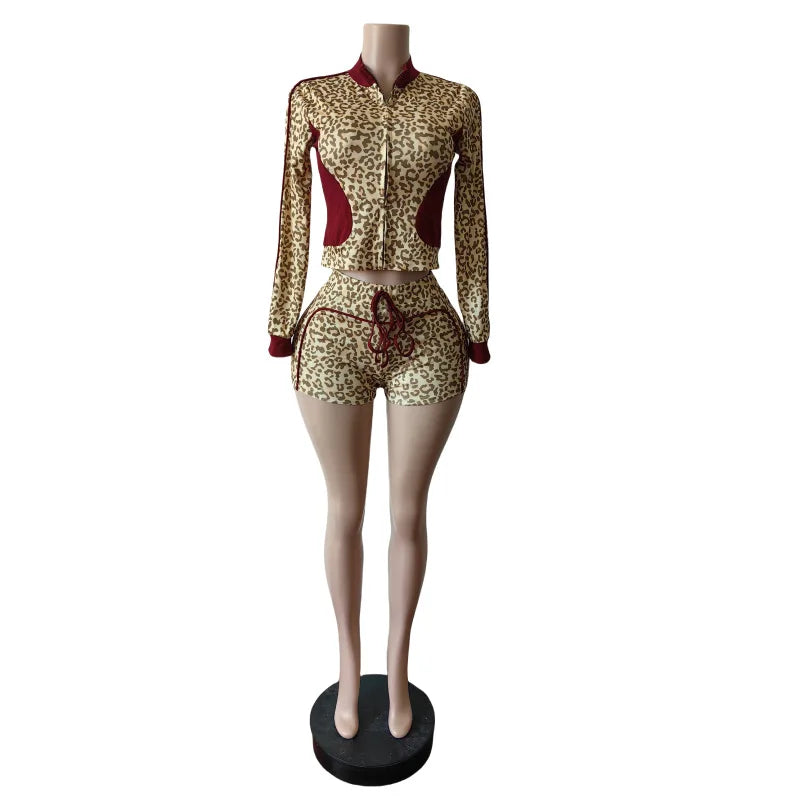 Weird Puss Casual Women 2 Piece Set  Tracksuit Leopard Print Patchwork Zip Crop Jacket+Shorts Sporty Stretch Streetwear Outfits