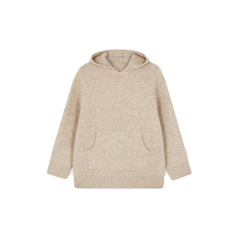 Green Women's Knit Hoodie Coat Full Sleeve Front Pocket  Casual Sweater Top 2025 Early Autumn Loose Female Knitwear Outerwear