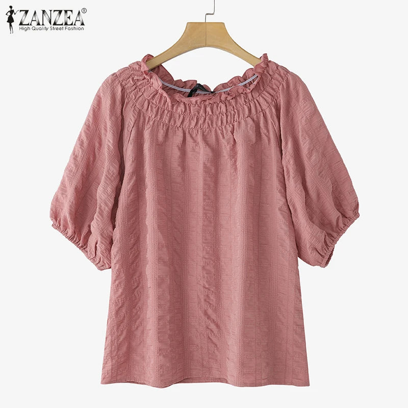 ZANZEA Women Blouse Summer Tops Solid Color Puff Sleeve2025 O Neck Tunic Female Shirts Loose Casual OL Work Blusas Oversized