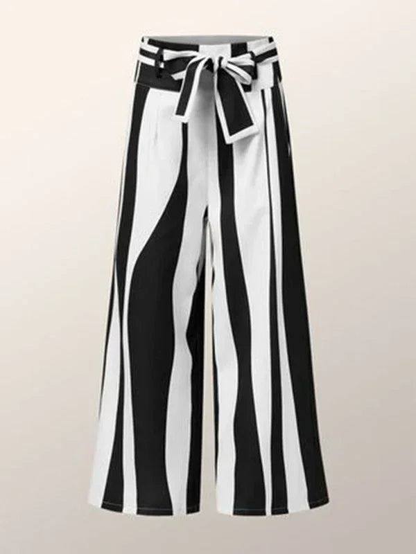 Fashion Black White Striped Wide Leg Pants Women 2024 New Autumn Lace-up High Waisted Loose Casual Commute Trousers