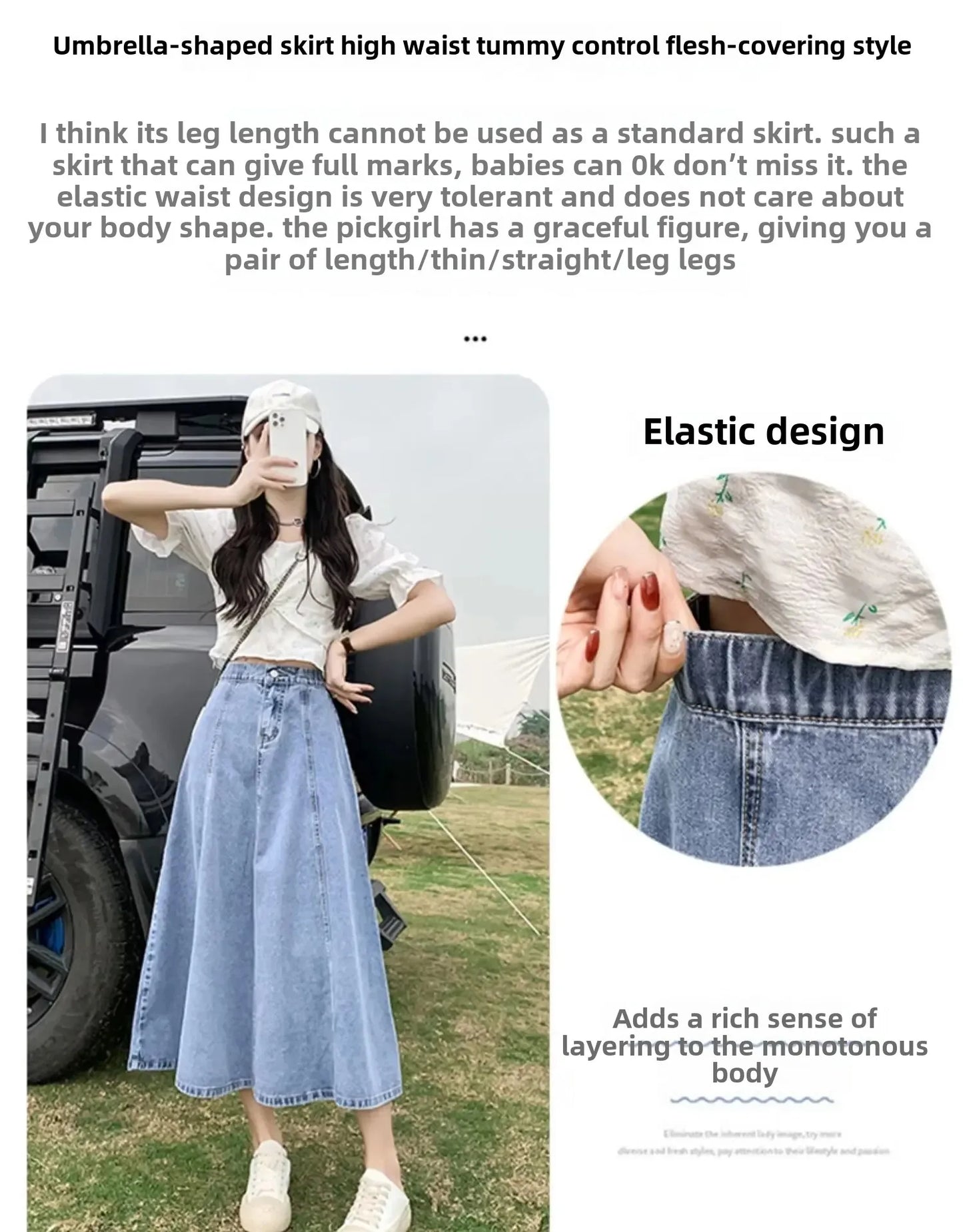 Fashionable Spring Medium-Length High-Waisted Jeans Long Dress Women's Elastic Waist A- Line Skirt Umbrella Skirt