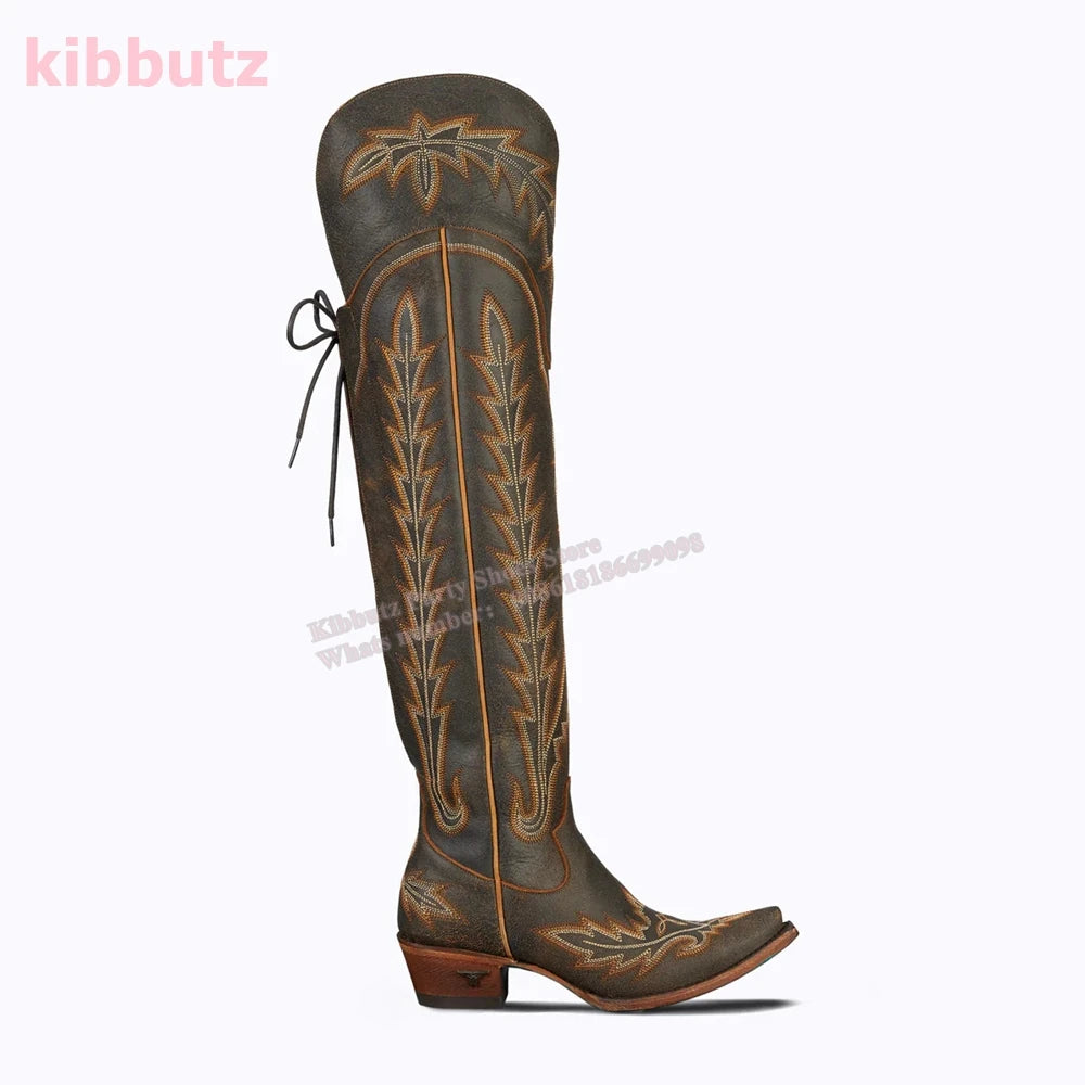 Rivet Cowboy Vintage Boots Over The Knee High Embroidery Lace-Up Luxury Leather Pointed Toe Chunky Heels Fashion Concise Shoes