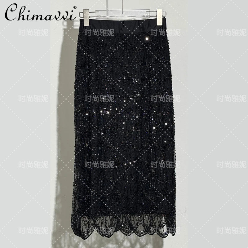 Fashion New Fashion Long-sleeved Sequined Pearl Bead Cardigan Women's Top High-waisted Skirt 2-piece 2025 Spring New Skirt Sets