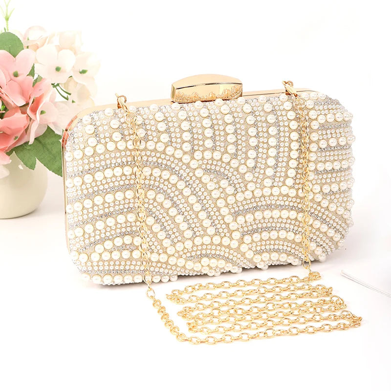 Ladies Pearl Elegant Evening Bag Fashionable Stylish Beading Wedding Dinner Party Banquet Dress Clutch Bag with Long Chain