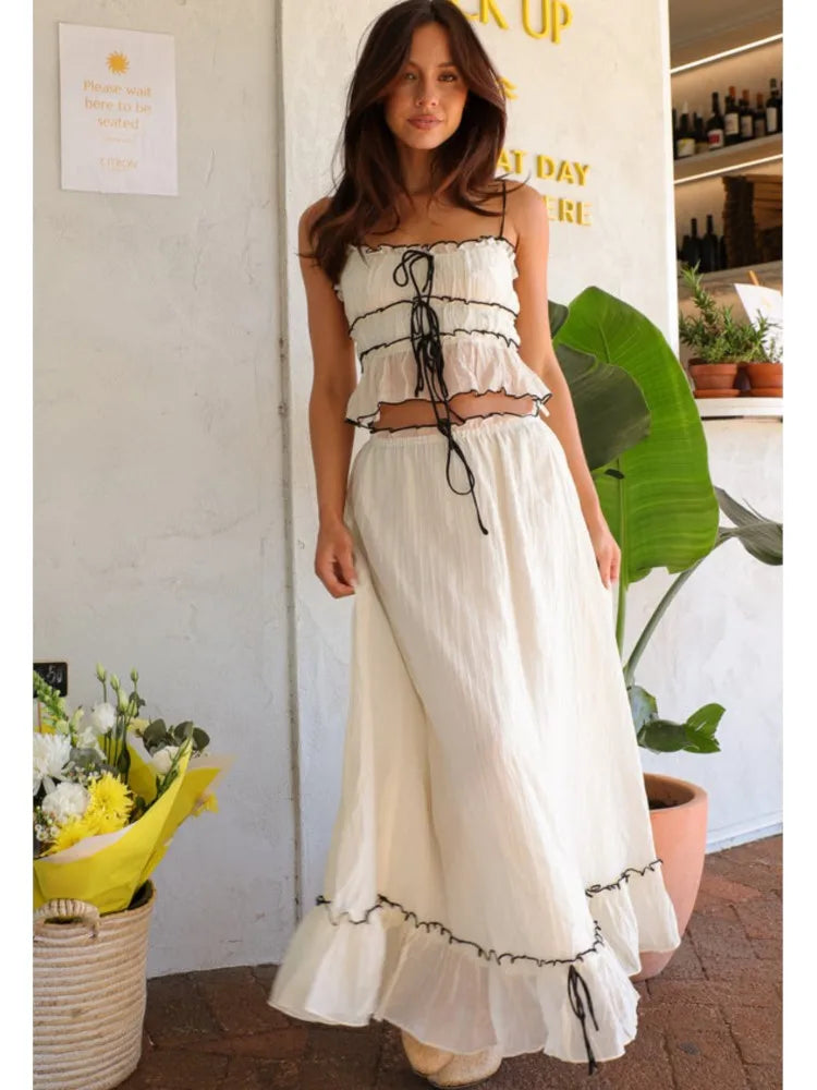 Pleated Bow Suspender Top and Skirt Two Piece Set for Women