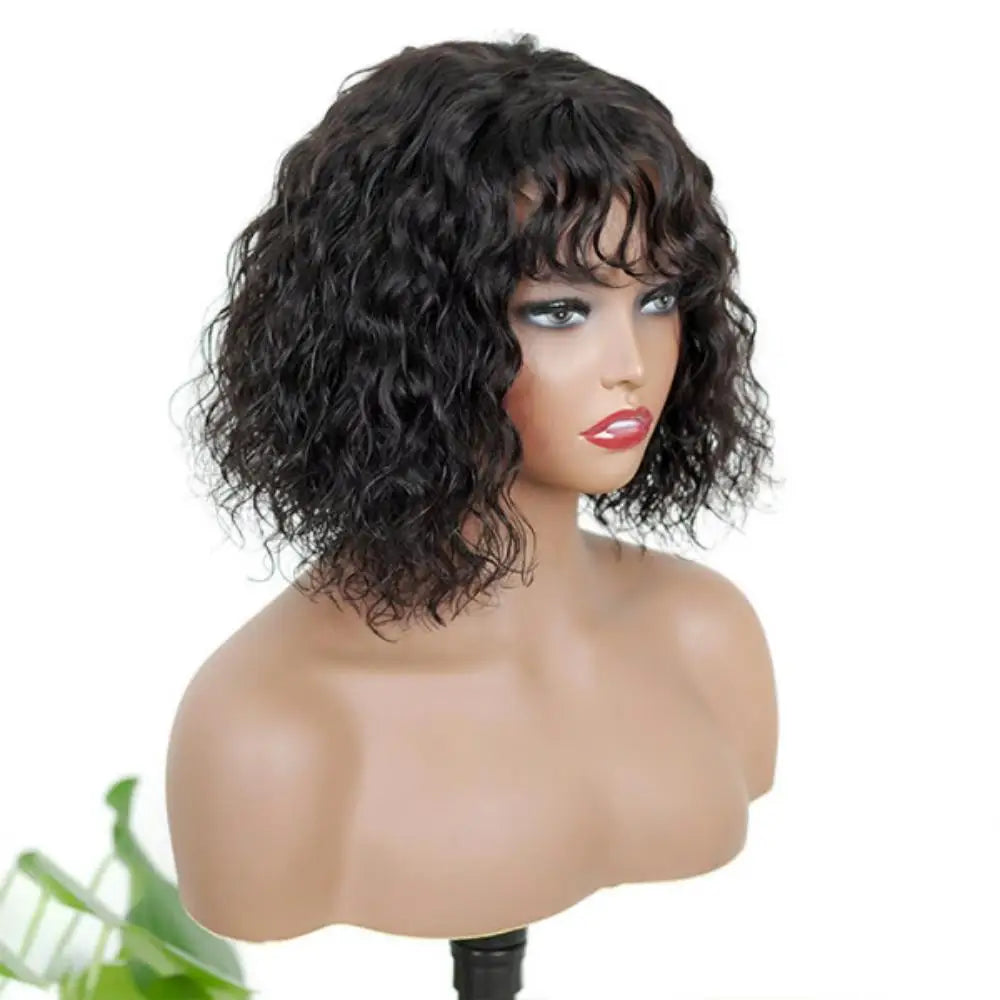 Water Wave BOB Wig With Bangs Human Hair Realistic Look Bang Wig 180% Medium Length Curly Wigs for Black Women Natural Black