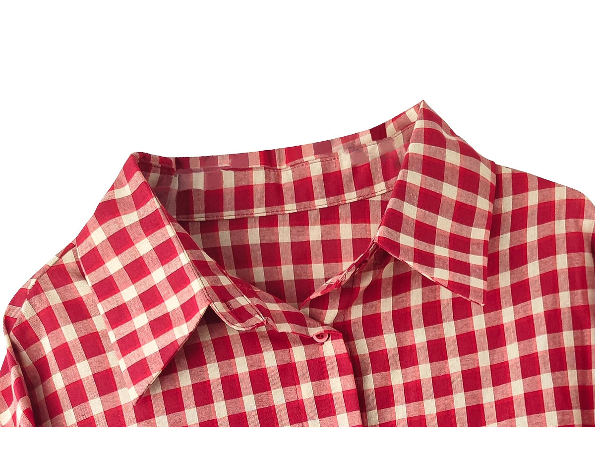 2025 Y2k Autumn Women New Vintage Red Plaid Turn-down Collar Over-shirt Long Sleeve Streetwear Loose Patchwork Harajuku Blouses