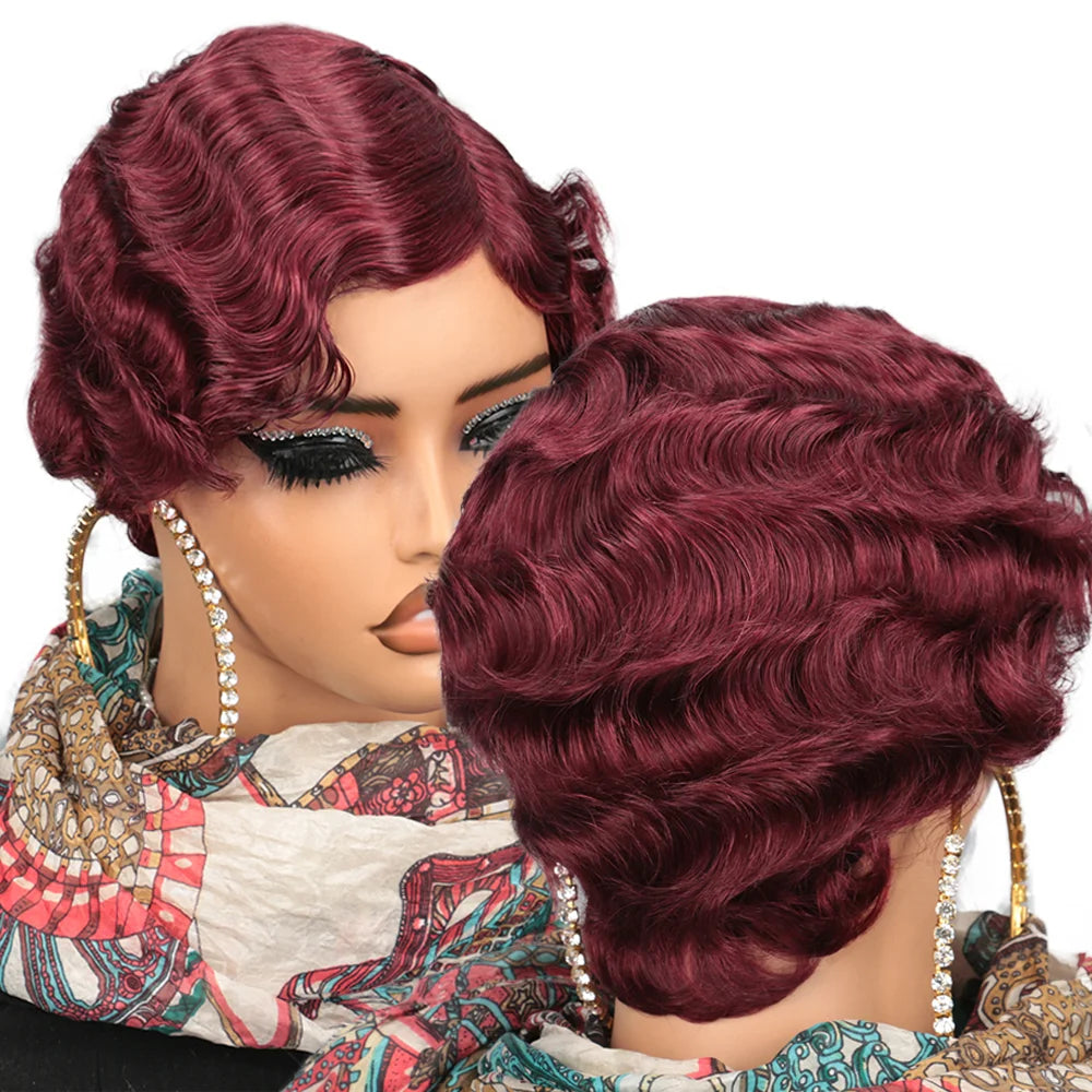 180% Density Glueless Brazilian Ocean Wave Human Hair Wig Burgundy 99J Colored Short Pixie Cut Loose Curly Finger Wave Style