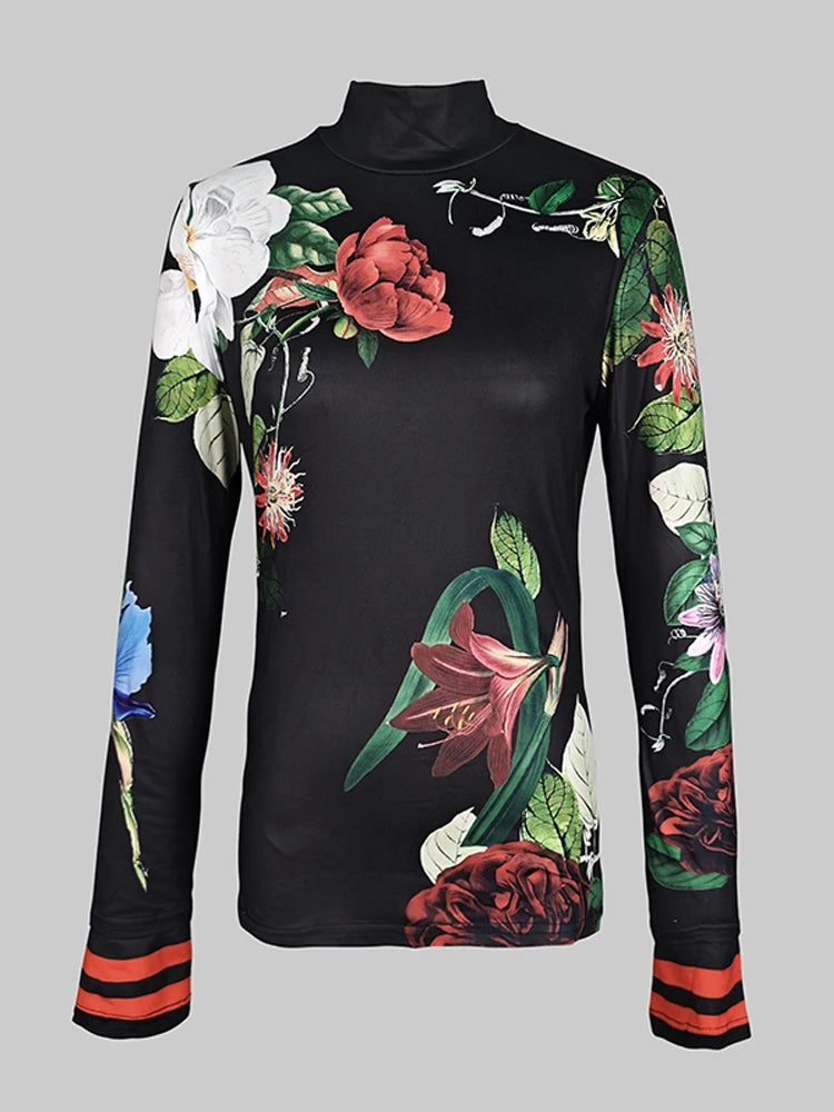 Women's Vintage Floral Printed High Neck Tops 2025 New Fashion Autumn Winter Long Sleeves Casual Skinny Split-Joint T-shirts