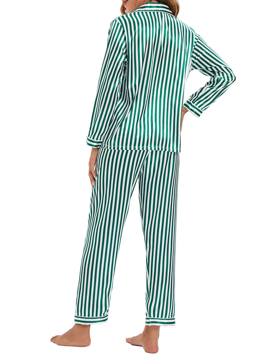 Women 2 Pieces Satin Pajamas Set Spring Autumn Long Sleeve Button Up Shirt and Casual Loose Elastic Pants Sleepwear Loungewear
