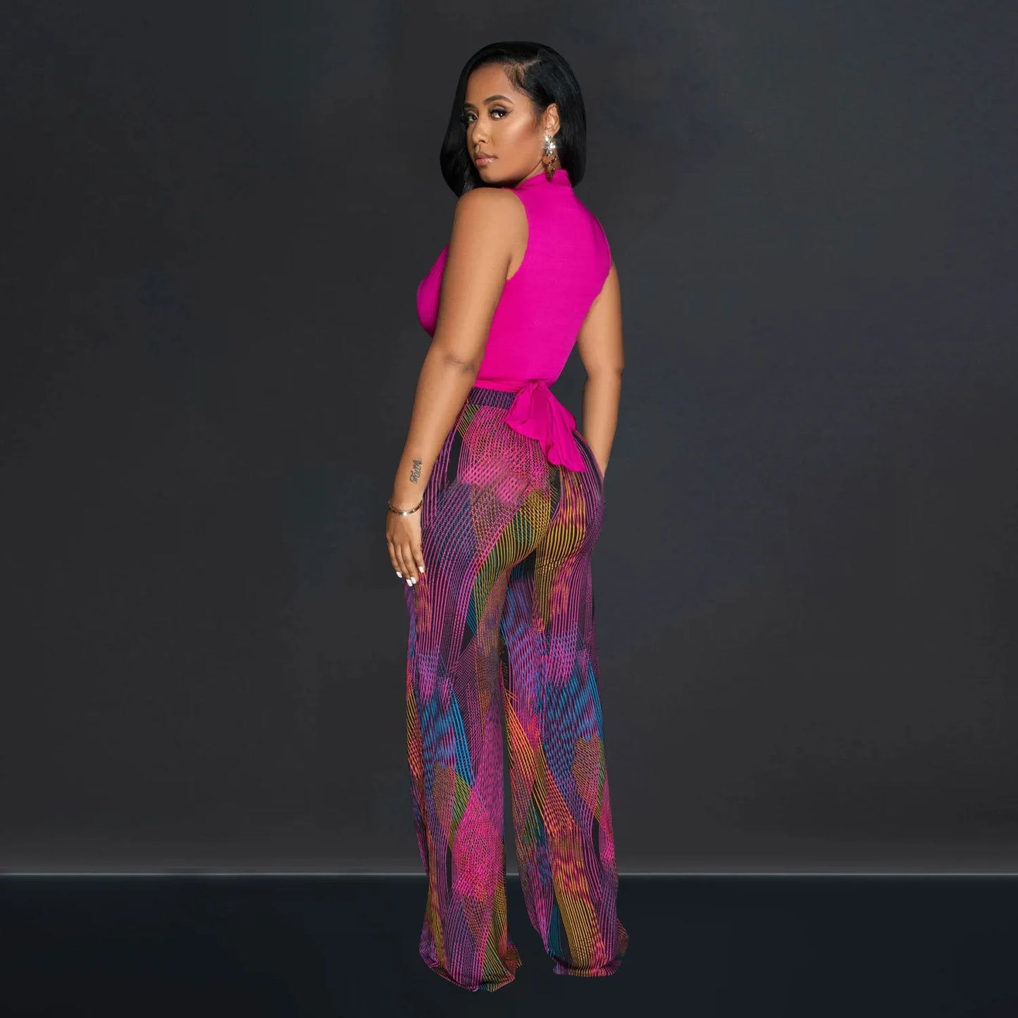 CM.YAYA Women's Set Wrap V-neck Tie Up Tank Top and Galaxy Striped Wide Leg Pants 2023 Street Two 2 Piece Sets Outfits Tracksuit