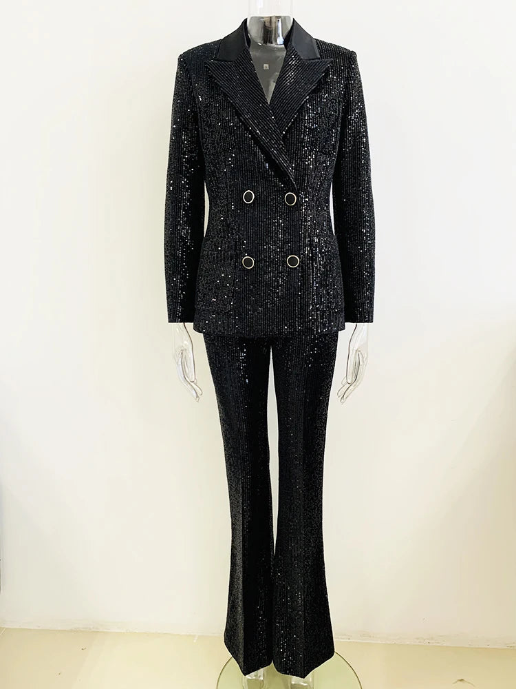 HIGH STREET 2024 Newest Designer Fashion Runway Suit Set Women's Slim Fit Glitter Sequined Velvet Blazer Flare Pants Set 2pcs