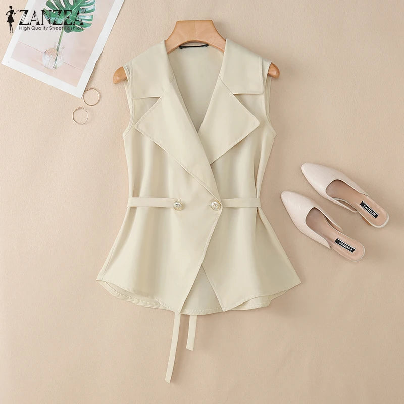 ZANZEA Elegant Women Sleeveless Blazer Fashion Lapel Neck Sashes Vest Tops 2025 Summer Lightweight Office Wear Commuting Tops