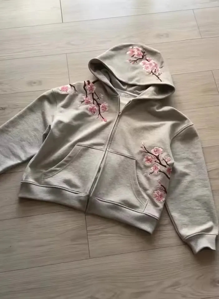 American Vintage Y2K Cherry Blossom Embroidered Hooded Jacket Womens Pink Zipper Coat with Floral Tree Graphic Streetwear