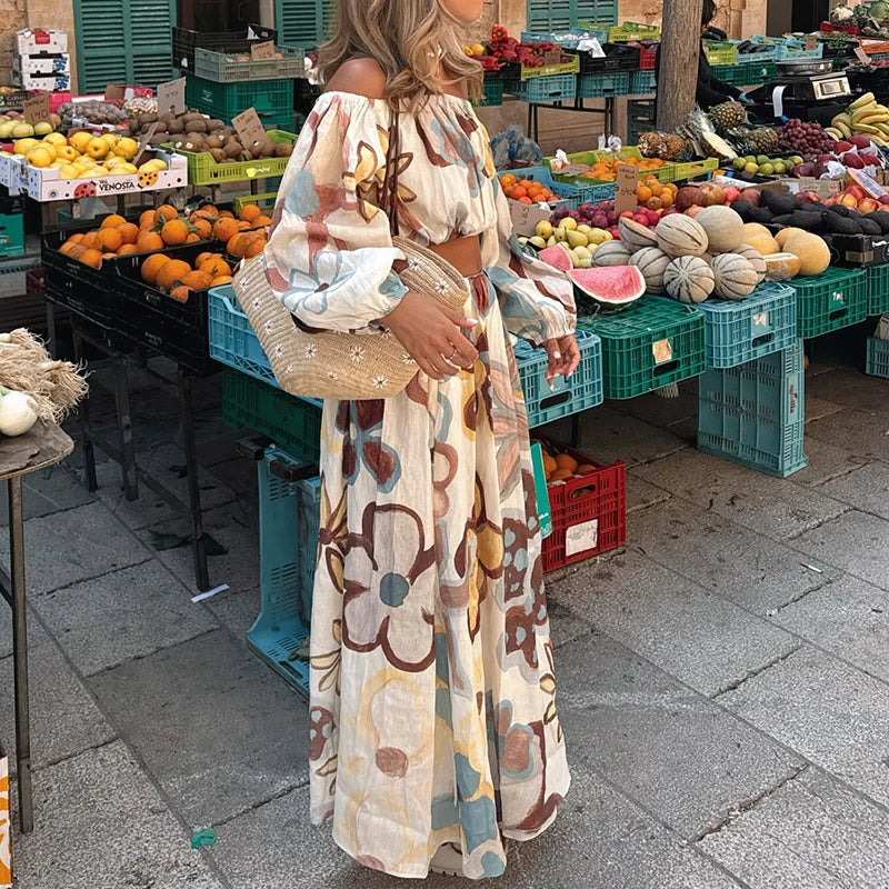 Fashion Crop Loose Women's Outfits Flower Print Off Shoulder Holiday Suit Casual Lantern Sleeve Top with Long Skirt Summer Sets